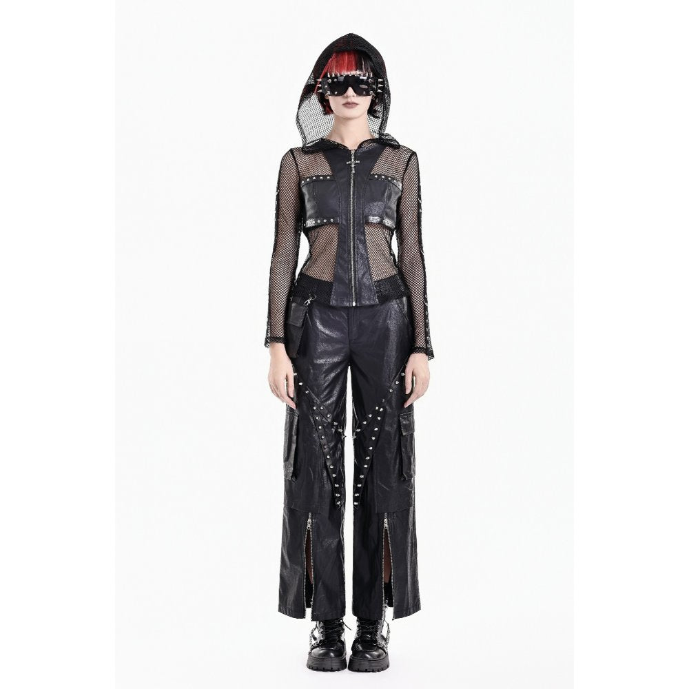 Schwarze Netzsweatshirtjacke Occult Matrix Mesh Hoodie mit Kunstledereinsätzen und Kreuzreißverschluss von Dark In Love