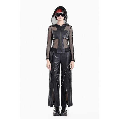 Schwarze Netzsweatshirtjacke Occult Matrix Mesh Hoodie mit Kunstledereinsätzen und Kreuzreißverschluss von Dark In Love