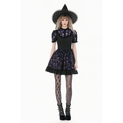 Schwarz/Lilanes kurzes Kleid, Purple Skull Whisper ist ein Dark-Lolita-Kleid mit Totenkopf-Print von Dark In Love