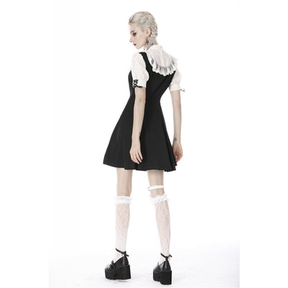 Schwarzes, kurzes Kleid Gothic Lolita Doll Dress mit weißen Spitzeneinsätzen und Rüschenärmeln von Dark In Love