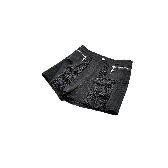 Schwarze Hotpants Daggered Vines Shorts Dark mit Überrock und Spitzendetails von Dark In Love