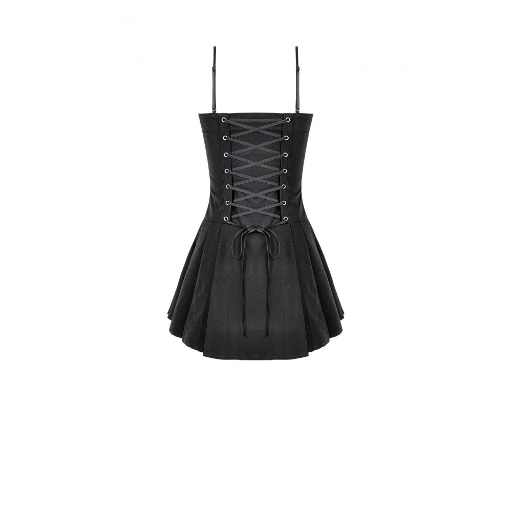 Schwarzes, kurzes Kleid Chilled Cord Key Dress mit Schnürung vorn und großen Zierschnallen von Dark In Love