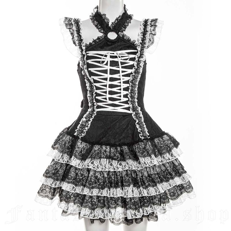Schwarz/Weißes Kleid Eerie Shadow Dress Black and White mit Schnürung und Spitze von RNG
