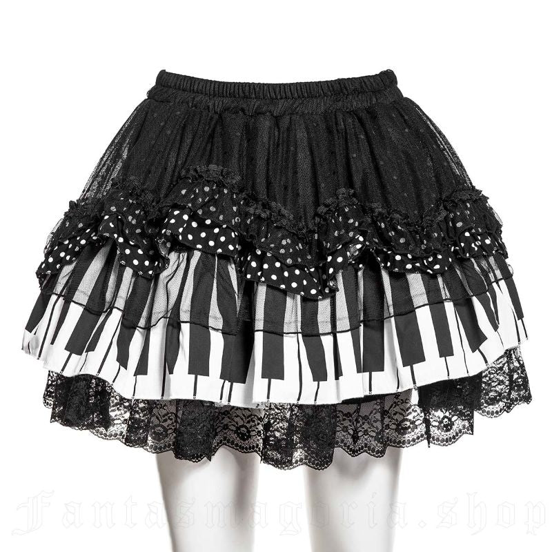 Kurzer schwarz/weißer Rock Piano Doll Puffed skirt mit Klaviertastendesign von RNG