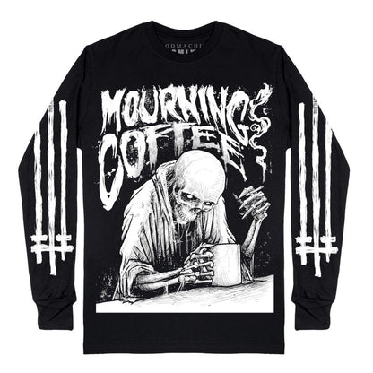 Schwarzes MOURNING COFFEE Langarmshirt mit großem Frontprint und zwei Prints über beide Ärmel von Godmachine