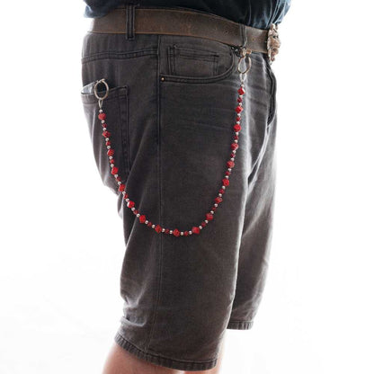 Silberfarbende Rockabilly Würfelkette Rot mit kleinen roten Würfeln mit schwarzen Punkten im 3D-Design