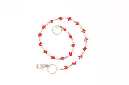 Silberfarbende Rockabilly Würfelkette Rot mit kleinen roten Würfeln mit weißen Punkten im 3D-Design
