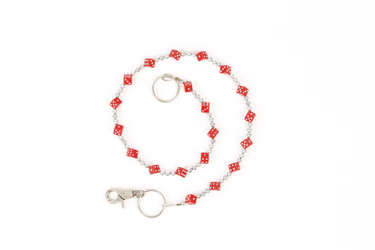 Silberfarbende Rockabilly Würfelkette Rot mit kleinen roten Würfeln mit weißen Punkten im 3D-Design