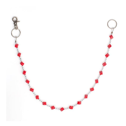 Silberfarbende Rockabilly Würfelkette Rot mit kleinen roten Würfeln mit weißen Punkten im 3D-Design