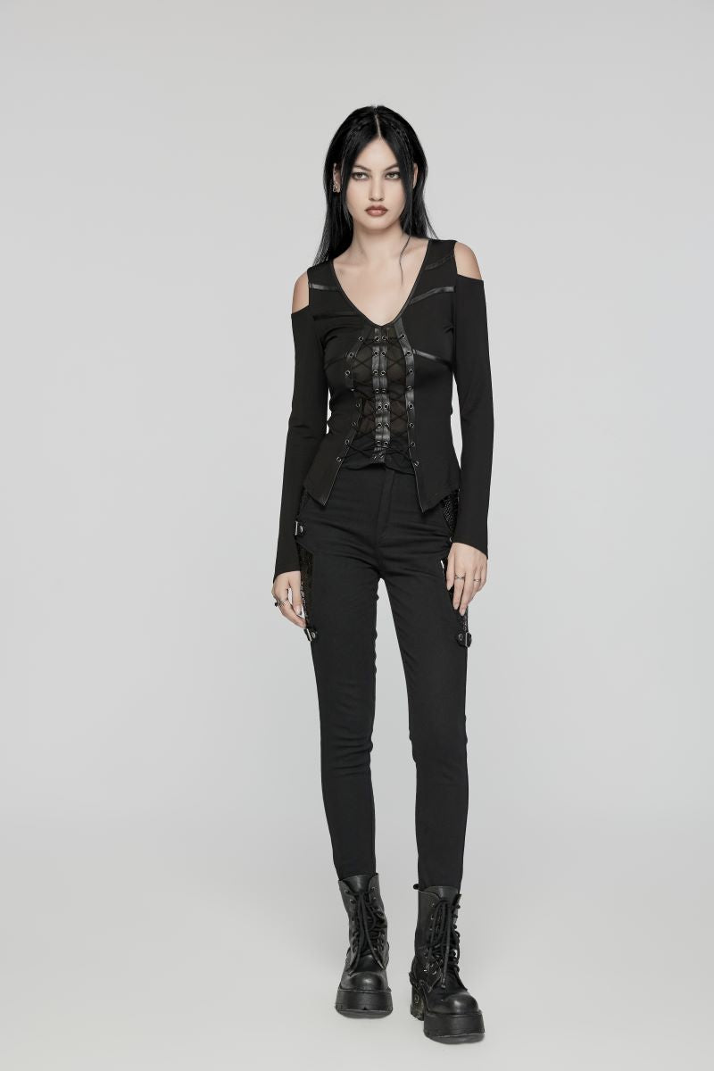 Schwarzes Shirt Gemini Top mit Meshelementen und Schnürung von Punk Rave