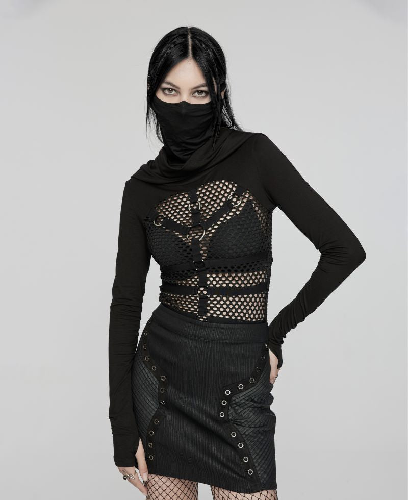 Schwarzes Shirt Tenebra Long-sleeved Top mit Mesh Body, Maske und Kapuze von Punk Rave