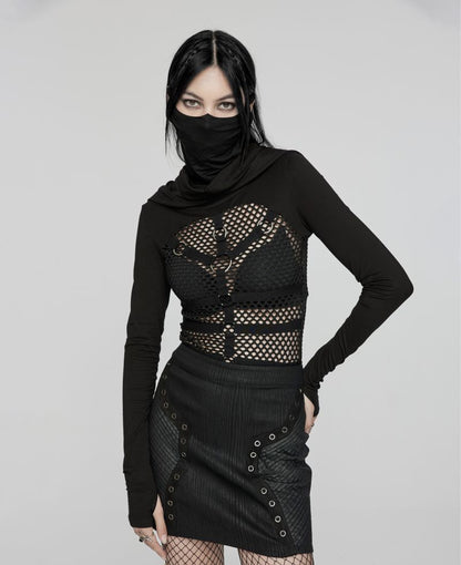 Schwarzes Shirt Tenebra Long-sleeved Top mit Mesh Body, Maske und Kapuze von Punk Rave