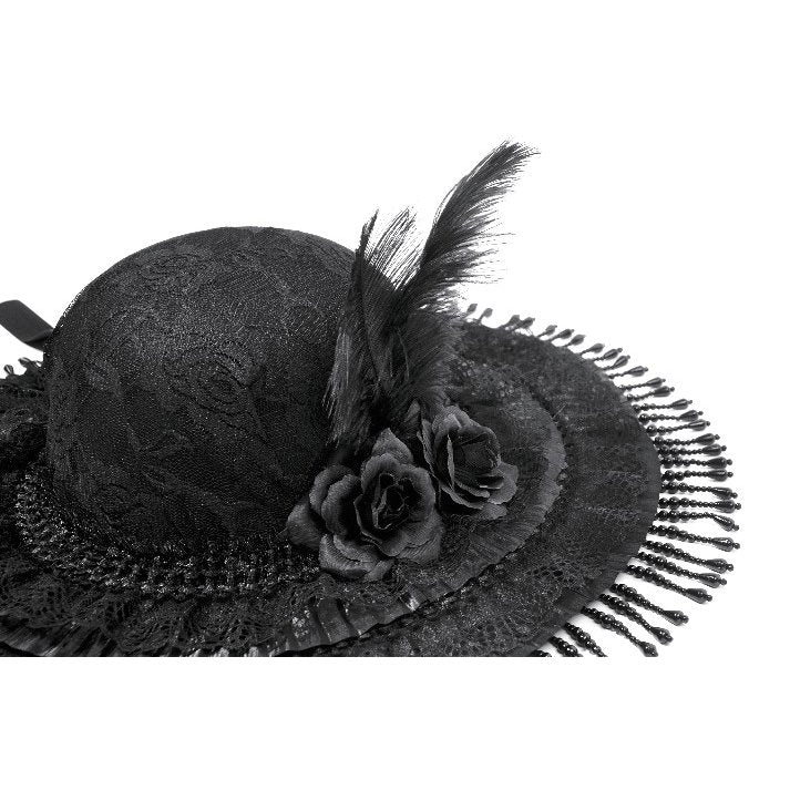 Schwarzer, kleiner Hut Vintage Lace Feather Mini Hat mit Spitzen-, Perlen und Blumendetails von Dark In Love