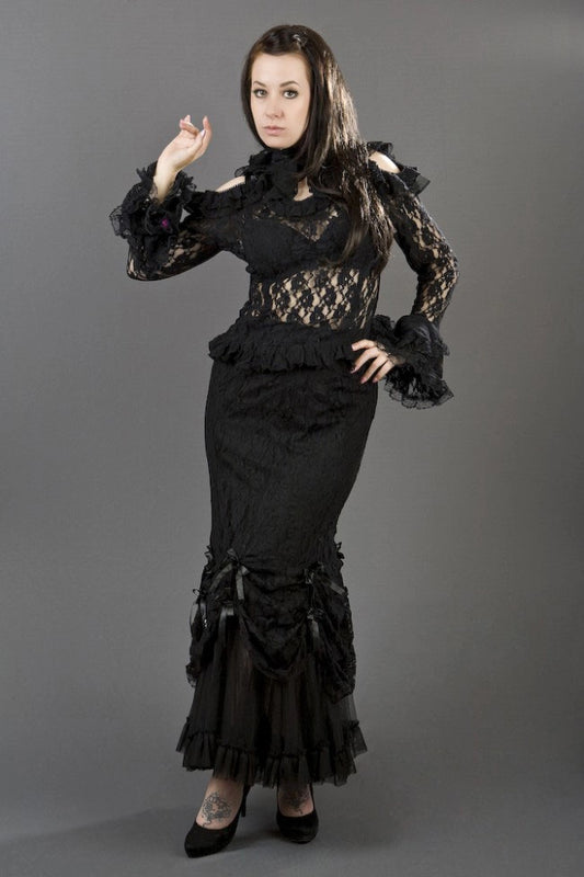 Langärmeliges Gothic-Oberteil Queen Long Sleeve aus schwarzer Stretch-Spitze, mit Rüschen an Ärmelabschlüssen, Schultern und Kragen von Burleska