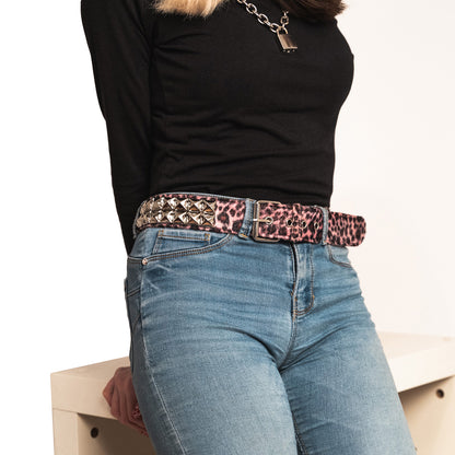 Pinker Gürtel 2-reihig Leopard Pink Pyramidennieten mit Kunstfell