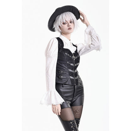 Schwarzes, enges Oberteil Crucifix Armor Corset Top mit Kreuzereißverschluss und nietenbesetzten Riemen von Dark In Love