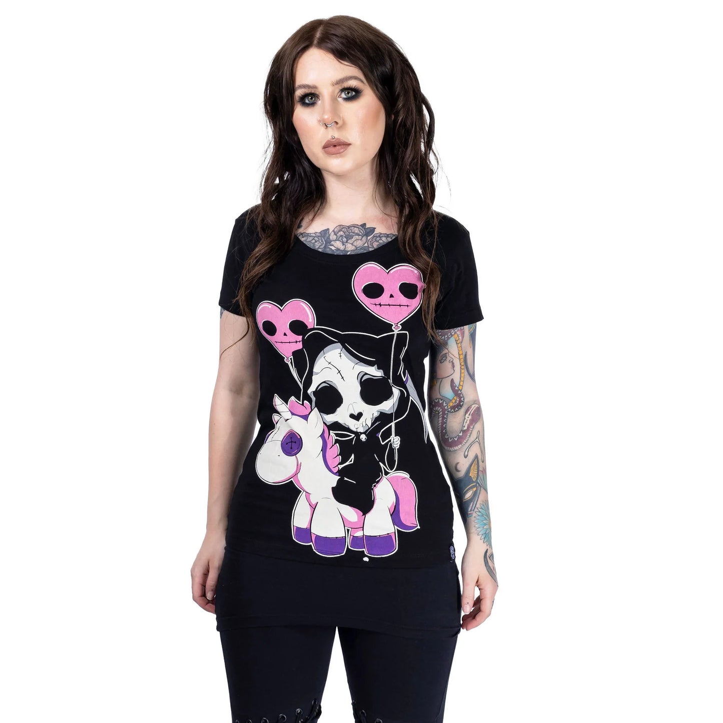 Schwarz-pinkes Oberteil CAT REAPER T SHIRT mit niedlichem Ponyprint von Cupcake Cult