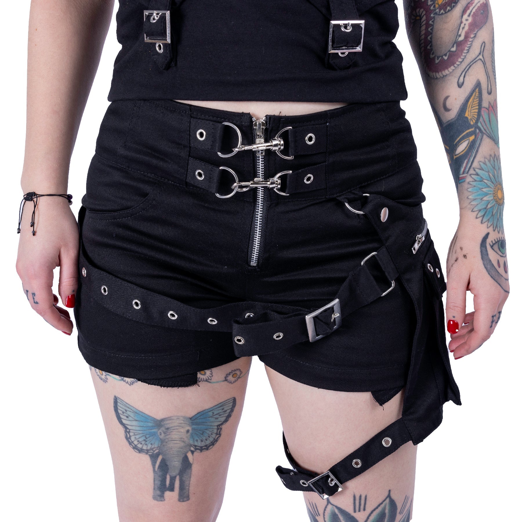 Schwarze, enge Hotpants NEITH SHORTS mit Beinharness, Riemen und Schnallen von Vixxsin