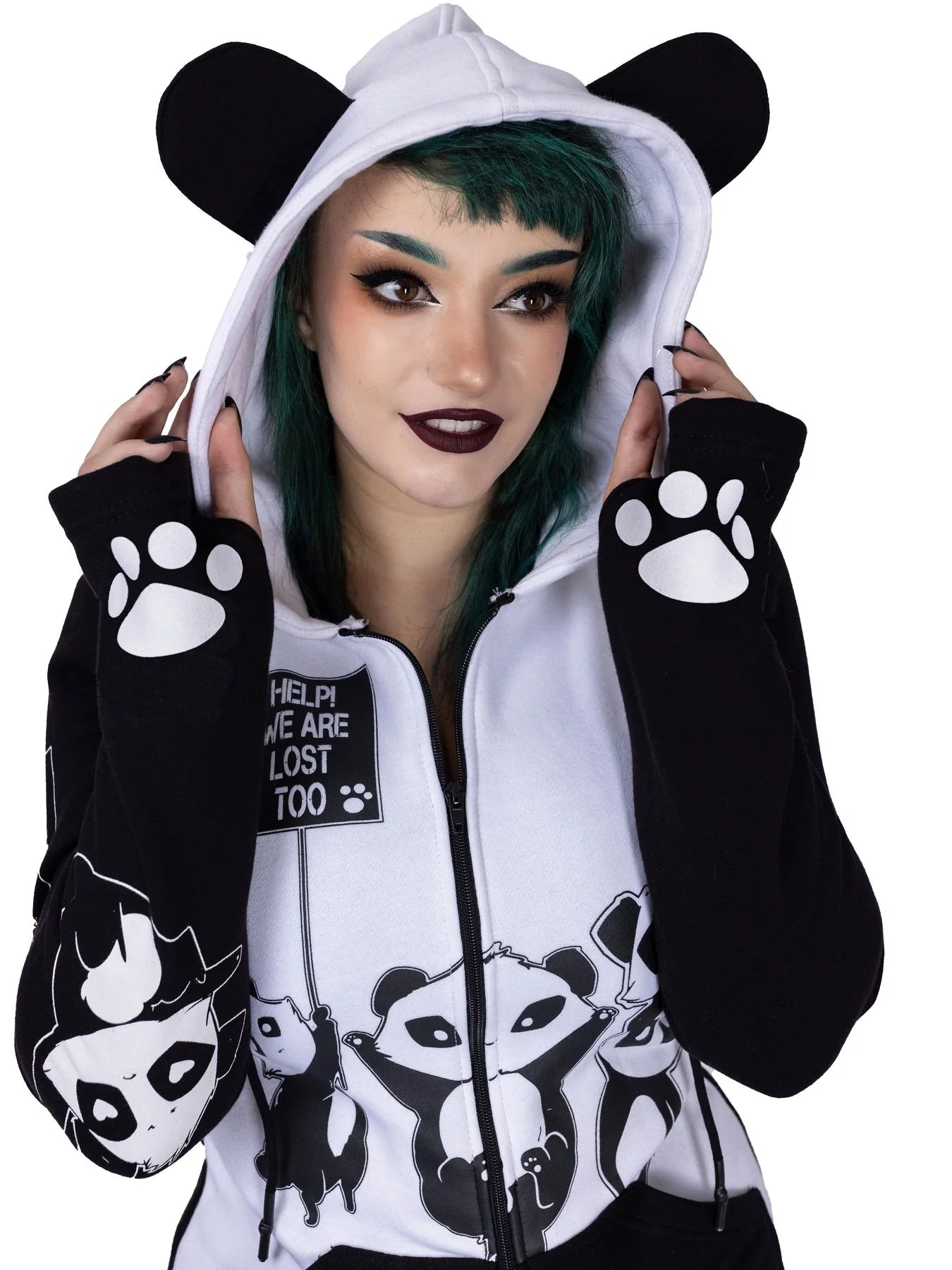 Schwarz/Weiße Sweatshirtjacke KP LOST HOOD mit Ohren an der Kapuze und Schnürung am Rücken von Killer Panda