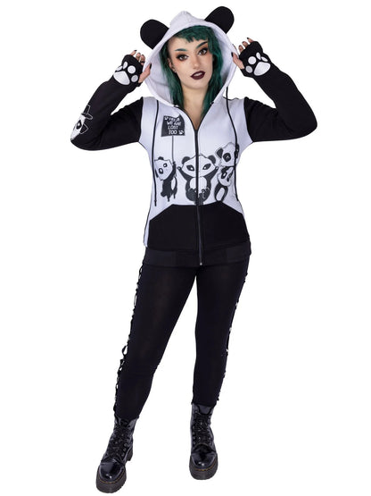 Schwarz/Weiße Sweatshirtjacke KP LOST HOOD mit Ohren an der Kapuze und Schnürung am Rücken von Killer Panda