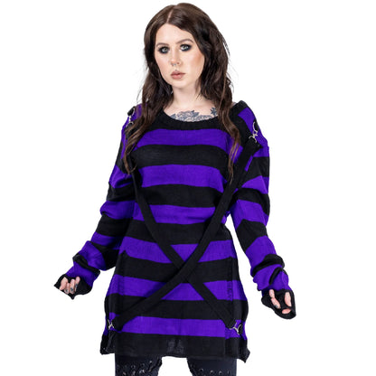 Schwarz-lilafarbend-gestreifter Strickpullover ORIANA JUMPER PURPLE mit schwarzen, gekreuzten Riemen von Heartless