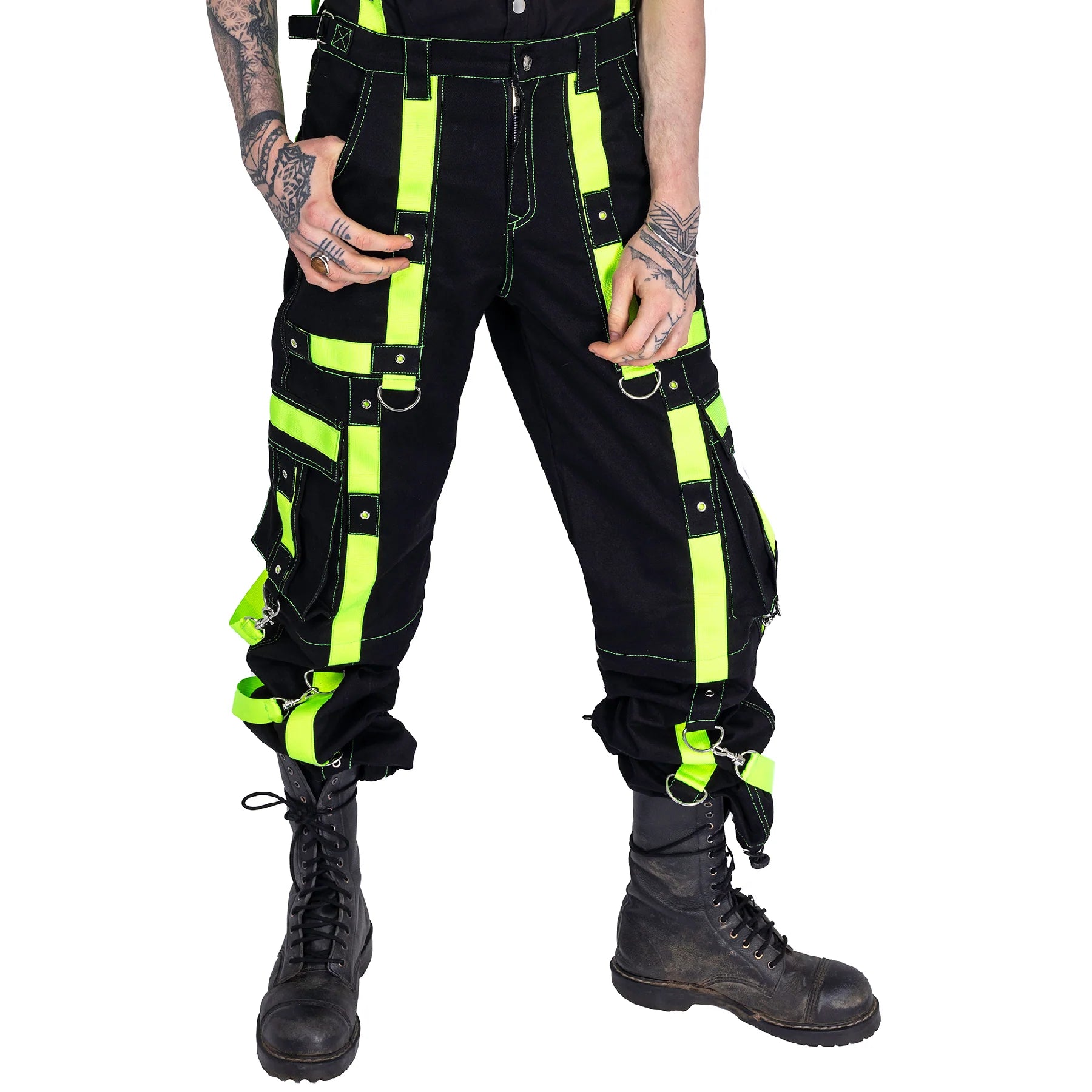 Schwarze Hose ETERNAL PANTS Green mit vielen, neongrünen Riemen von Poizen Industries