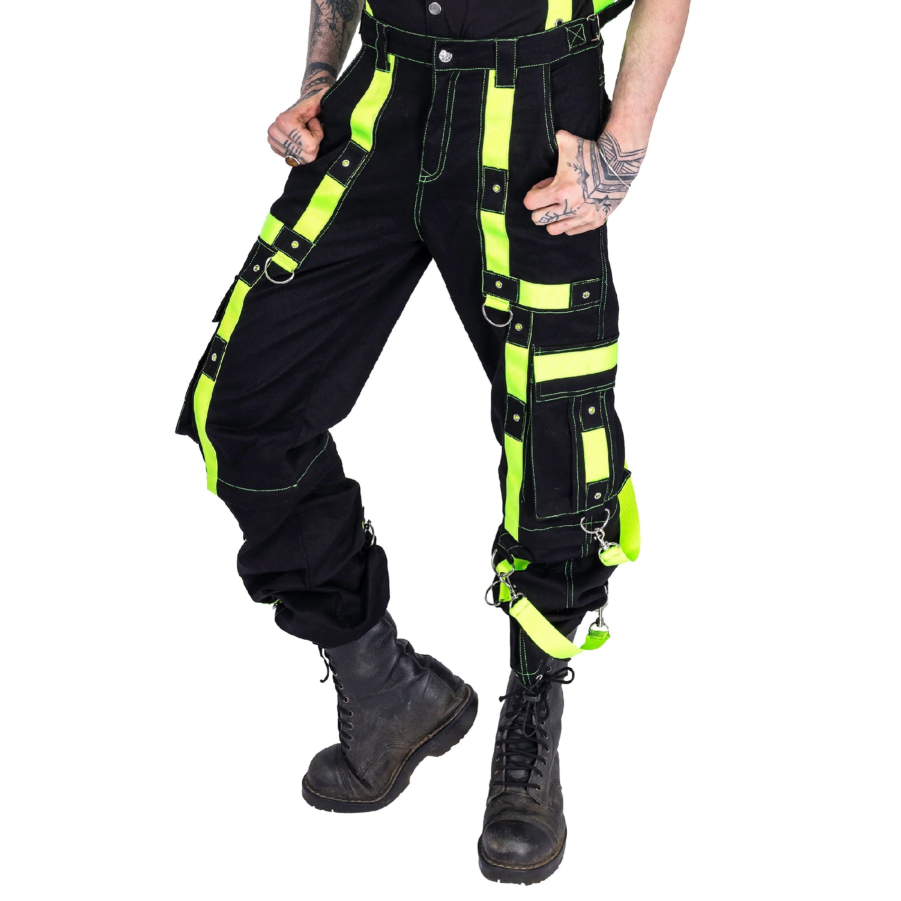 Schwarze Hose ETERNAL PANTS Green mit vielen, neongrünen Riemen von Poizen Industries