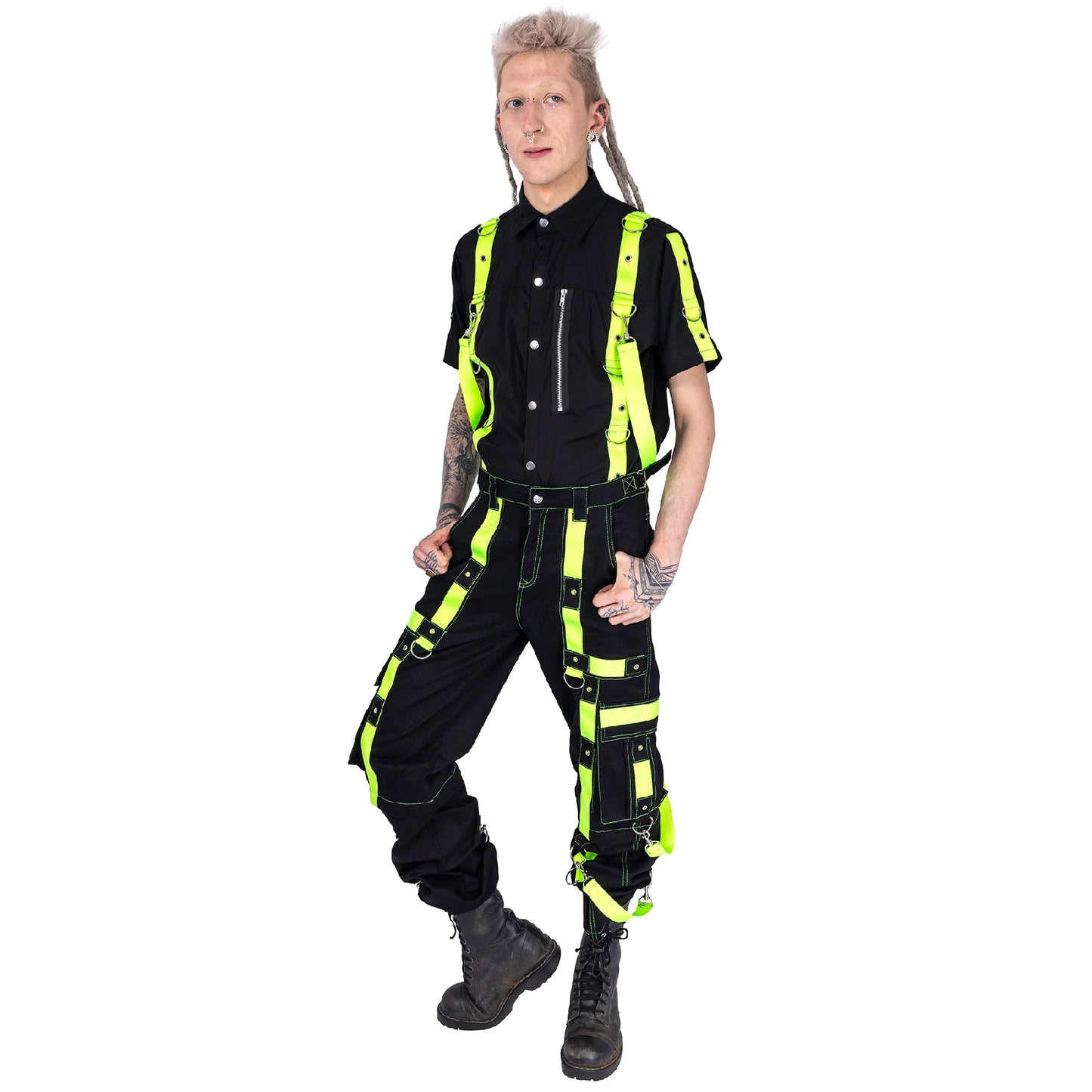 Schwarze Hose ETERNAL PANTS Green mit vielen, neongrünen Riemen von Poizen Industries