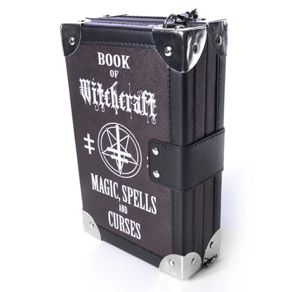 Schwarze kleine Umhängetasche MAGIC SPELLS BAG in Form eines Buches mit okkulten Symbolen und Schriftzügen von Poizen Industries