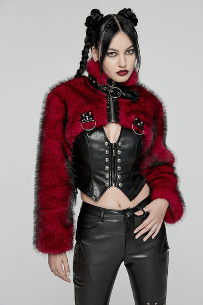 Kurze, rote Kunstfelljacke im Bolero-Stil DARK RAVER BOLERO JACKET RED von Punk Rave