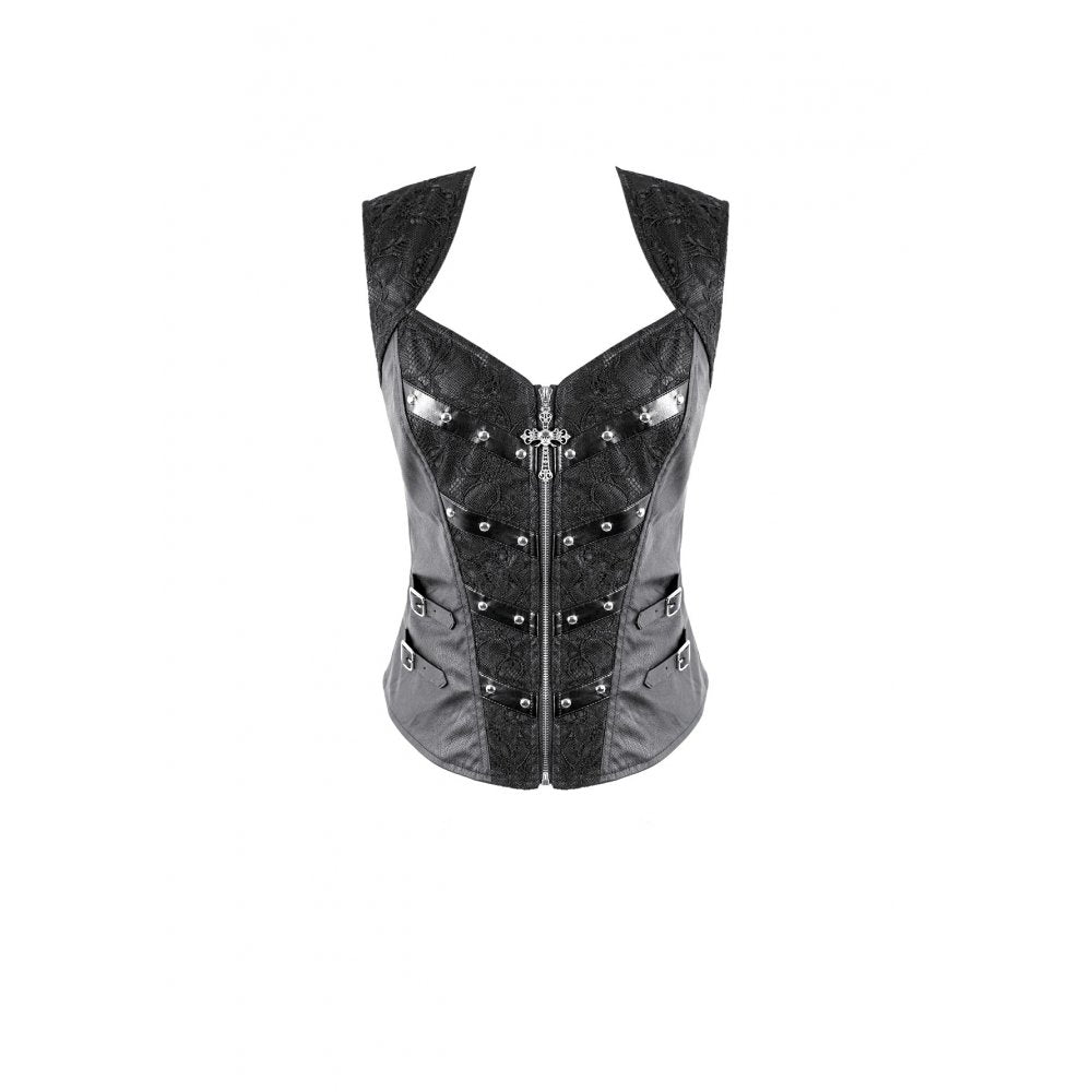 Schwarzes, enges Oberteil Crucifix Armor Corset Top mit Kreuzereißverschluss und nietenbesetzten Riemen von Dark In Love