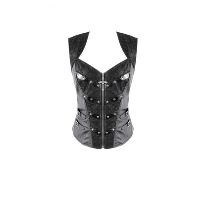 Schwarzes, enges Oberteil Crucifix Armor Corset Top mit Kreuzereißverschluss und nietenbesetzten Riemen von Dark In Love