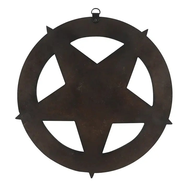 Rückseite des dekorativen Wandschildes in Schwarz in Form von einem Pentagramm mit geschnitzten keltischen Details