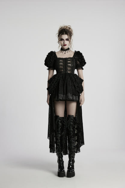 Romantisches, schwarzes Gothic-Kleid MARQUISE BELLADONNA DRESS mit kurzen Puff-Ärmeln und hohem Saum von Punk Rave