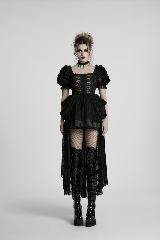 Romantisches, schwarzes Gothic-Kleid MARQUISE BELLADONNA DRESS mit kurzen Puff-Ärmeln und hohem Saum von Punk Rave