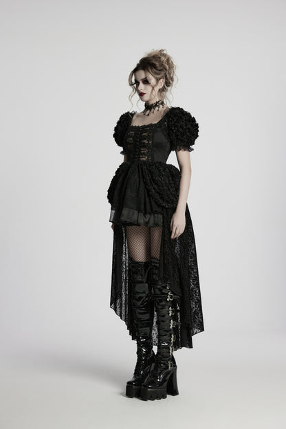 Romantisches, schwarzes Gothic-Kleid MARQUISE BELLADONNA DRESS mit kurzen Puff-Ärmeln und hohem Saum von Punk Rave