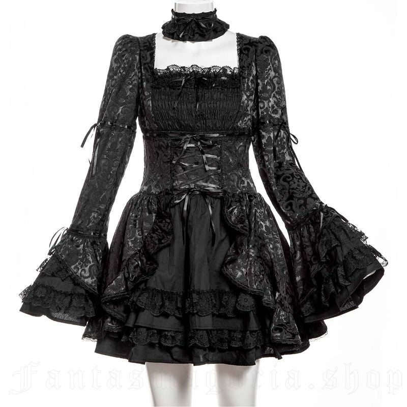 Schwarzes Kleid Obsidian Ruffles Dress mit Schnürung und floralem Muster von RNG