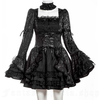 Schwarzes Kleid Obsidian Ruffles Dress mit Schnürung und floralem Muster von RNG