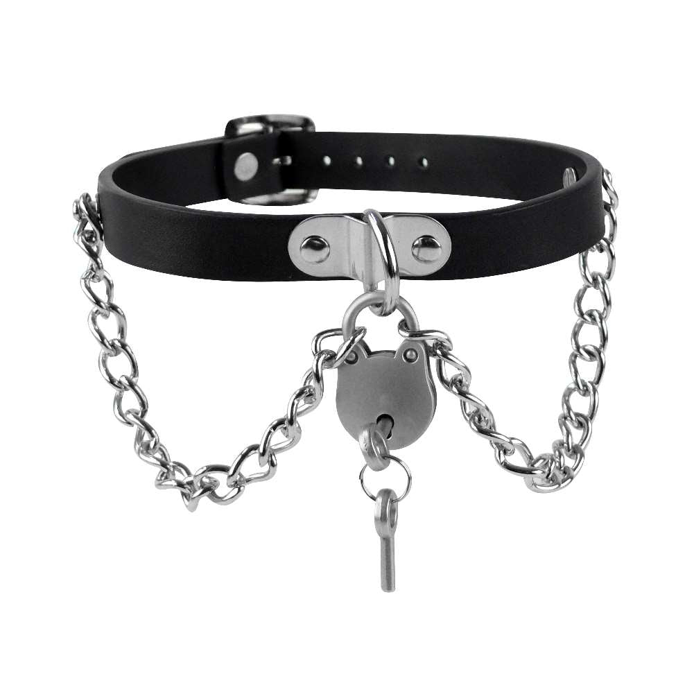 Schwarzes Halsband Vegan Choker Lock & Key mit silberfarbenden Schloss und Schlüssel, sowie Zierketten