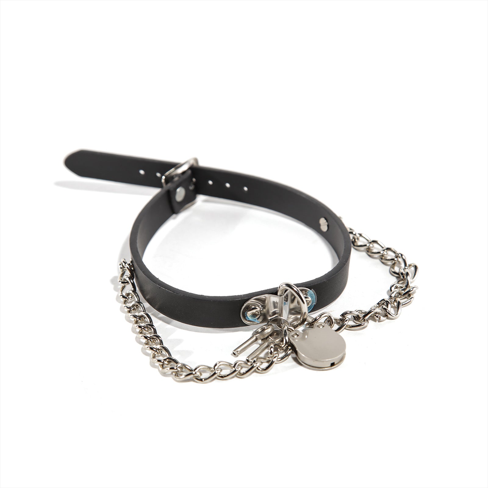 Schwarzes Halsband Vegan Choker Lock & Key mit silberfarbenden Schloss und Schlüssel, sowie Zierketten