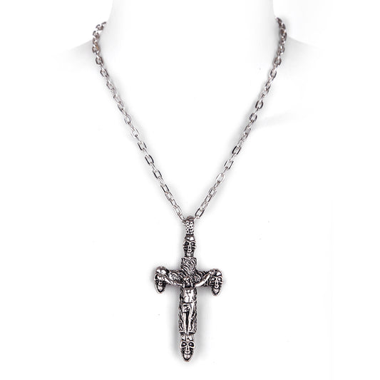 Silberfarbende Kette Jesus Skull Cross mit Jesuskreuzanhänger mit Schädeln an den Enden