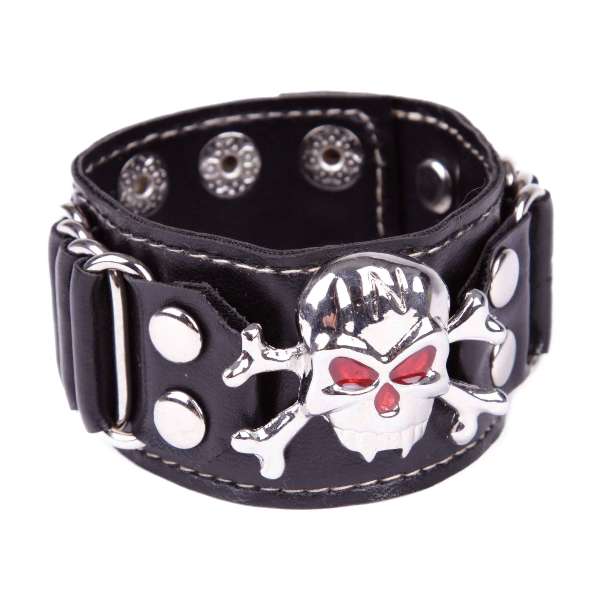 Breites Kunstlederarmband Totenkopf Red mit roten Augen und Druckknopfverschluss