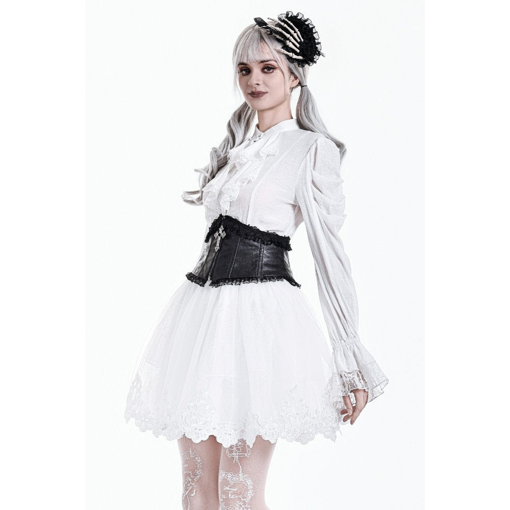 Weißer, kurzer Rock White Feather Poem Skirt mit Spitzensaum von Dark In Love