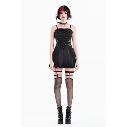 Schwarzes, kurzes Kleid Void Shackle Dress mit seitlichen Netzeinsätzen und Schnallendetails von Dark In Love