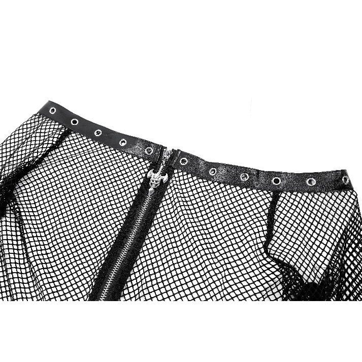 Schwarzes, schulterfreies Netzoberteil Mesh Matrix Fishnet Top mit Ösendetails und Reißverschluss von Dark In Love