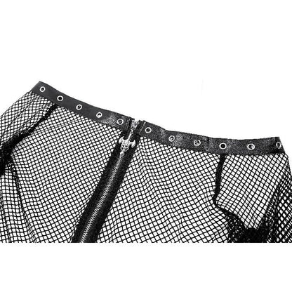 Schwarzes, schulterfreies Netzoberteil Mesh Matrix Fishnet Top mit Ösendetails und Reißverschluss von Dark In Love
