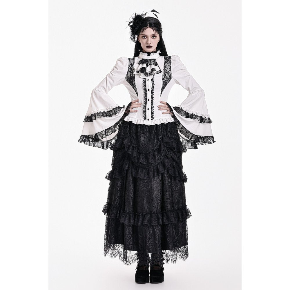 Weiße Bluse Chiaroscuro Symphony Blouse mit schwarzen Spitzendetails und Glockenärmeln von Dark In Love