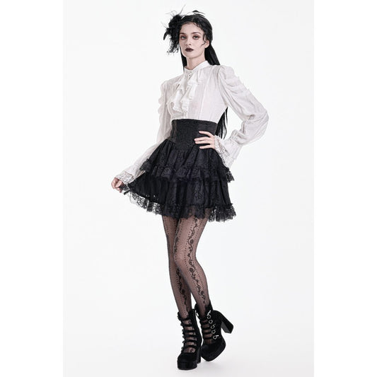 Schwarzer Mini-Rock Dark Crown Nocturne Skirt mit barocker Spitzenapplikation und Rüschen von Dark In Love