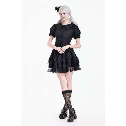 Schwarze, kurzärmlige Bluse Night Crown Doll Blouse mit Spitzenelementen und Puffärmeln von Dark In Love