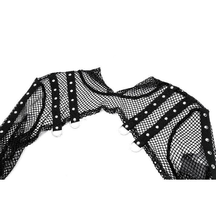 Schwarzes Oberteil Fishnet Spike Bolero aus Netzstoff mit Nietendetails und Netzkapuze von Dark In Love